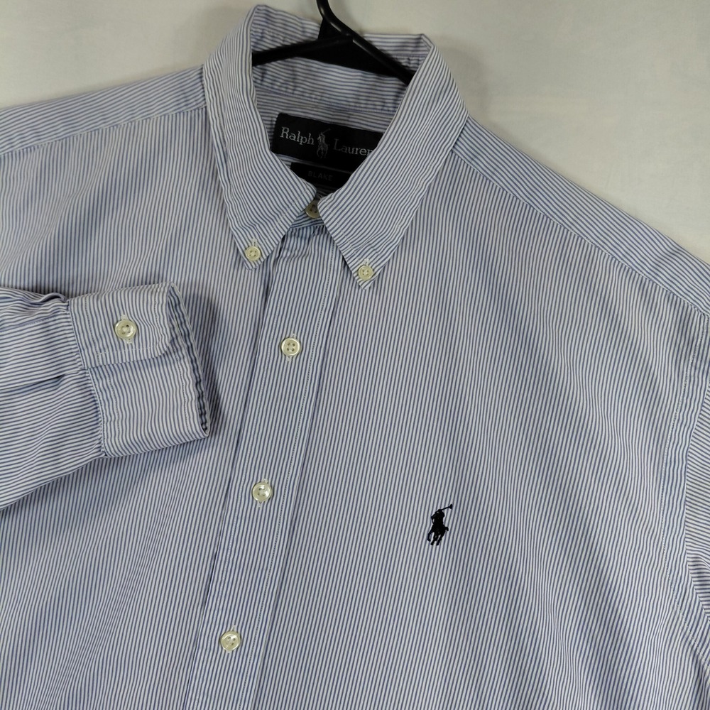 Ralph Lauren Blake Mens Medium Blue White Striped Button Down Oxford Shirt Logo
